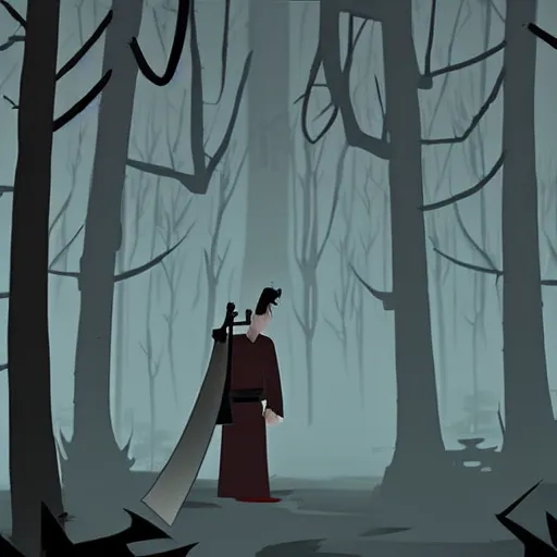 Image similar to samurai jack walks alone through the woods at night, gloomy, dark, foggy, night, ominous, dark color, atmospheric, cinematic lighting, intricate detail?