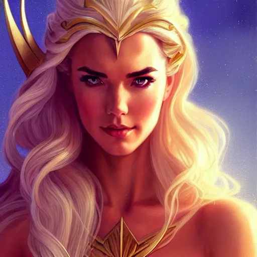 Prompt: Odette Annable with blonde hair as She-Ra, western, D&D, fantasy, intricate, elegant, highly detailed, digital painting, artstation, concept art, matte, sharp focus, illustration, art by Artgerm and Greg Rutkowski and Alphonse Mucha