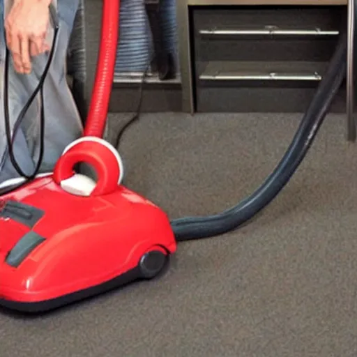 Prompt: a photograph of a human-vacuum cleaner hybrid creature