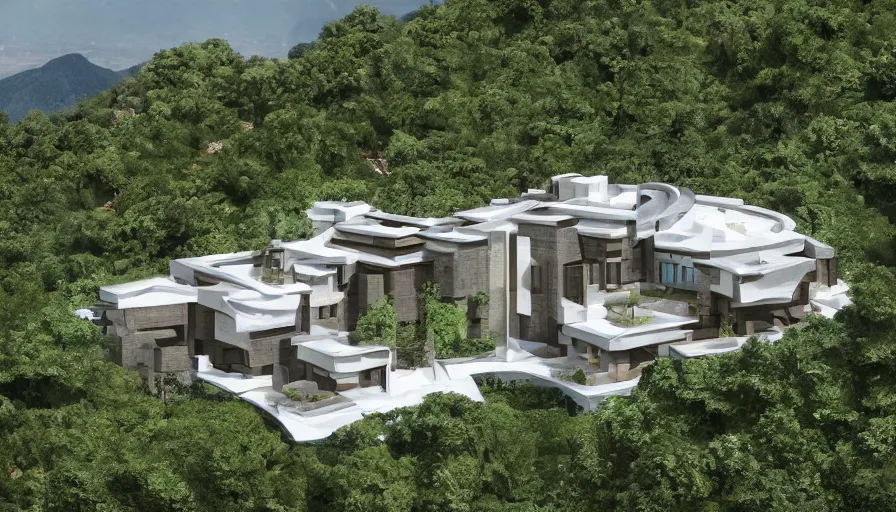 Image similar to residential villa inspired by tibetan architecture, on city, overlooking a valley with trees, frank lloyd wright, zaha hadid, le corbeusier, photorealistic, birds eye view