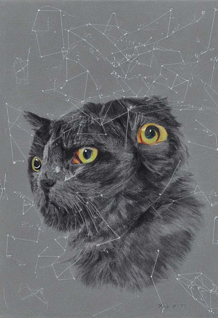 Image similar to cfa champion dark tortie scottish fold cat, framed in a window, watching a bird, data visualization perfect geometry bezier mathematical diagrams hologram overlay revealing sparrows flight trajectory calculation, detailed annotated painting, dark grisaille fluorescent color airbrush spraypaint accents, by jules julien, wes anderson, hannah af klint, black paper risograph 4 k