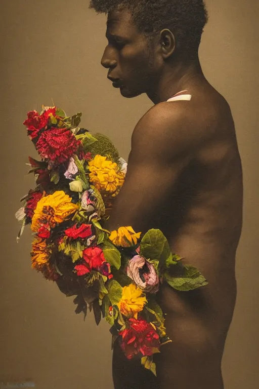 Prompt: a black young man's face in profile, with a guitar made of flowers and fruit, in the style of the Dutch masters and Alec Soth, dark and moody