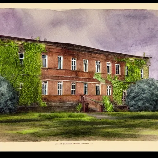 Image similar to front view of overgrown denbigh asylum aka the north wales hospital, full color, hyperrealistic, nice colour scheme, soft warm colour. studio gibli. beautiful detailed watercolor by lurid