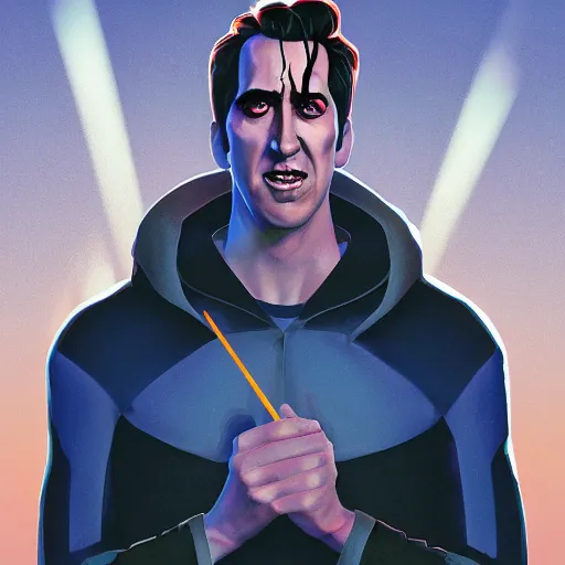 Image similar to portrait of nicholas cage as the nightcrawler from x - men, bleak and oppressive atmosphere, distress, mattepainting concept blizzard pixar maya engine on stylized background splash comics global illumination lighting artstation, sharp focus, lois van baarle, ilya kuvshinov, rossdraws