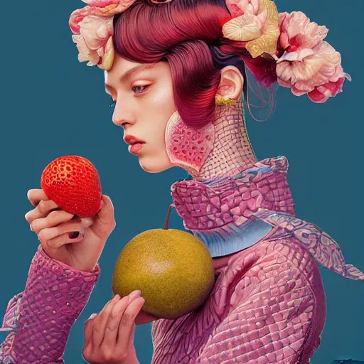 Prompt: pretty model with fruit : : by martine johanna and simon stalenhag and chie yoshii and casey weldon and wlop : : ornate, dynamic, particulate, rich colors, intricate, elegant, highly detailed, vogue, harper's bazaar art, fashion magazine, smooth, sharp focus, 8 k, octane render