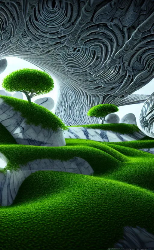 Prompt: highly detailed ultra sharp 3 d render cinematic composition of a smooth ceramic porcelain magnolia stone white fluid fractal sci - fi surreal architecture landscape, marble, magnesium, vining foliage blooms, archviz, vincent callebaut composition, mamou - mani, beautiful lighting, 8 k, unreal engine, hdr, dof