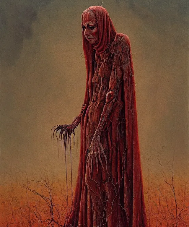 Image similar to a detailed mosquitowoman stands among the hills. wearing a ripped mantle, robe. perfect faces, gnats, extremely high details, realistic, fantasy art, solo, masterpiece, art by hermann nitsch, zdzislaw beksinski, dariusz zawadzki, giger, dragan bibin