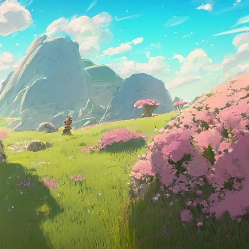 Image similar to pastel landscape of an open rocky field. a few flowers. clean sharp digital art, environment concept art, by rossdraws, ghibli, breath of the wild, greg rutkowski