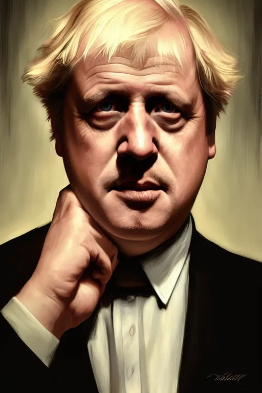 Image similar to Boris Johnson as Vito Corleone, realistic portrait, symmetrical, highly detailed, digital painting, artstation, concept art, smooth, sharp focus, illustration, cinematic lighting, art by artgerm and greg rutkowski and alphonse mucha