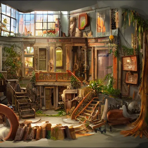 Prompt: An astonishing digital 2d 3d diorama of interior exterior visual development for a cutaway showing the set dressing and props for an incredible story with worldbuilding, render, artstation