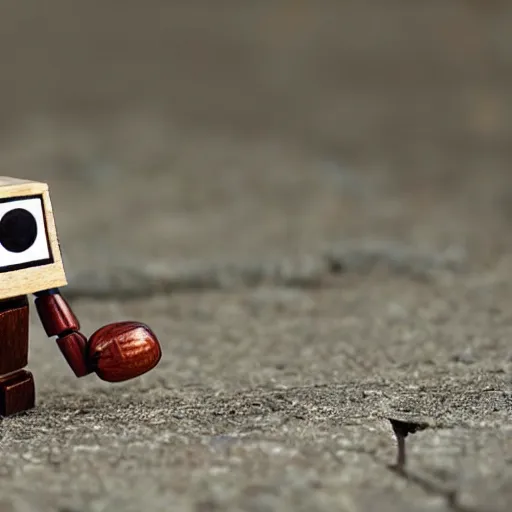 Image similar to an absolutely adorable tiny wooden robot has fallen in love with an acorn, octane, tilt shift, hearts, googly eyes, twee