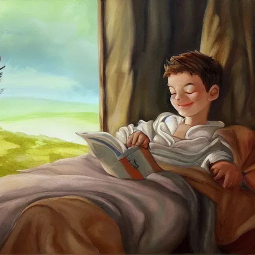 Prompt: an epic fantasy book style painting of a sleepy cute boy on his bed looking and smiling