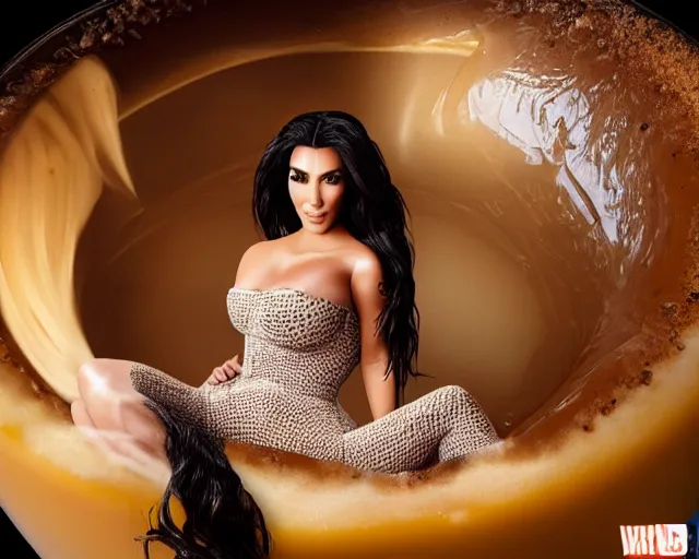 Image similar to Kim Kardashian inside a giant cup of coffee, highly detailed, cinematic, award winning, studio lighting