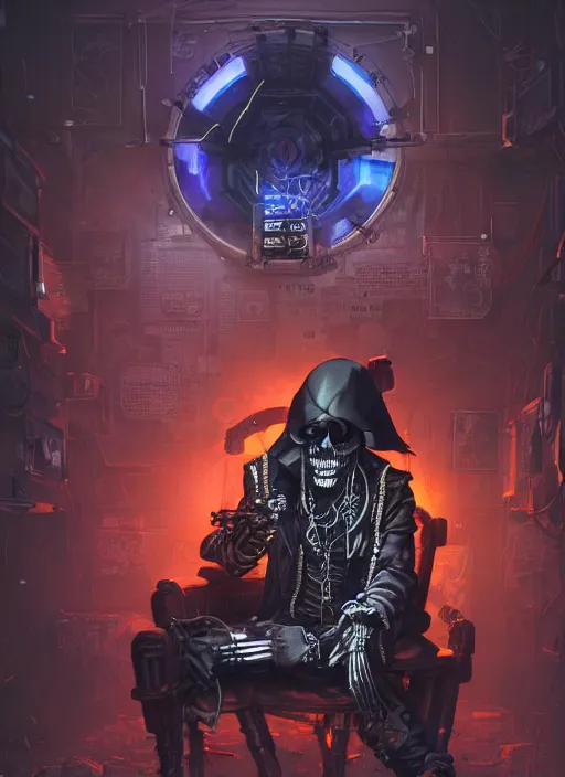 Prompt: a cyberpunk hacker pirate captain skeleton with a pirate hat sitting in front of a huge old crt monitor in a dark room, only light coming from crt monitor, highly detailed, intricate, digital art, trending on artstation, trending on cgsociety, by greg rutkowski