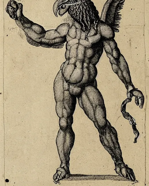 Image similar to human - eagle creature with one big beak, drawn by da vinci