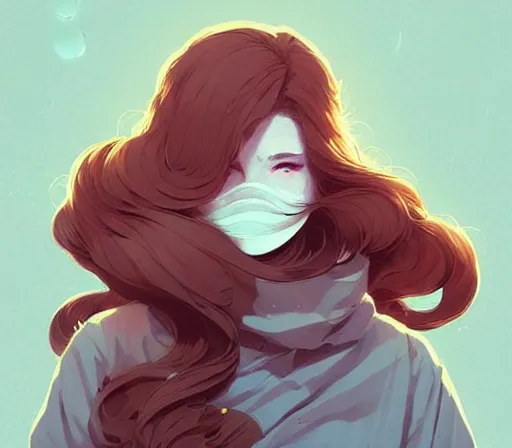 Image similar to beautiful artistic - wave highly detailed portrait female, with kitsune mask, long red hair, by atey ghailan, by greg rutkowski, by greg tocchini, by james gilleard, by joe fenton, by kaethe butcher, dynamic lighting, gradient light blue, brown, blonde cream and white color scheme, grunge aesthetic