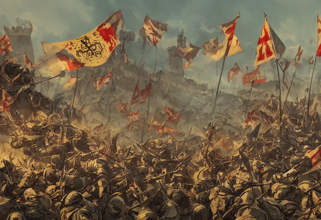 Image similar to handmade illustration of a medieval battle between a small group of soldiers, a few banners and flags, flying arrows, a small castle at the background, smoke, line art, ink, watercolor by Kilian Eng and by Jake Parker, winning-award masterpiece, fantastic, octane render, 8K HD Resolution, High quality image