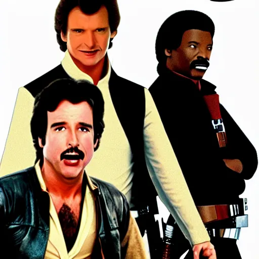 Prompt: weekend at bernie's movie poster, han solo as andrew mccarthy, lando calrissian as jonathan silverman, tobias beckett as terry kiser