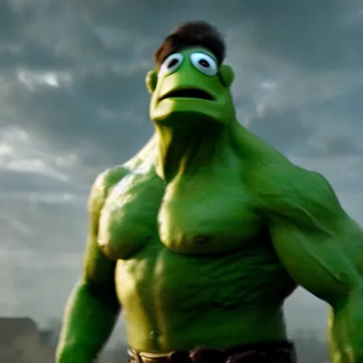 Image similar to a film still of kermit the frog as the hulk in the new avengers movie, realistic action movie, 4 k