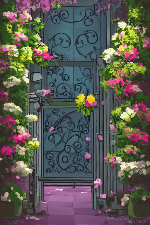 Prompt: a little flower shop's front gate, fresh, digital illustration, pixiv, dramatic lighting