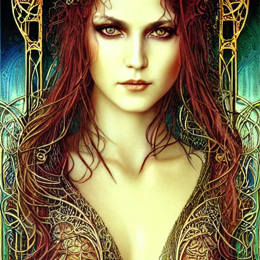 Prompt: a closeup portrait of a beautiful female art nouveau bohemian cyberpunk musician in filigree fractal robes by ted nasmith and luis royo