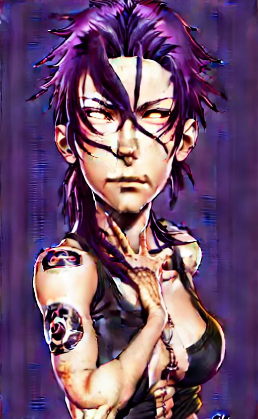 Image similar to a portrait of revy from black lagoon, dilraba dilmurarevy, smirk, black tank top, jean shorts, brown eyes, purple hair, tribal tattoos right arm sleeve, symmetrical eyes, symmetrical face, art by lois van baarle and loish and ross tran and rossdraws and sam yang and artgerm