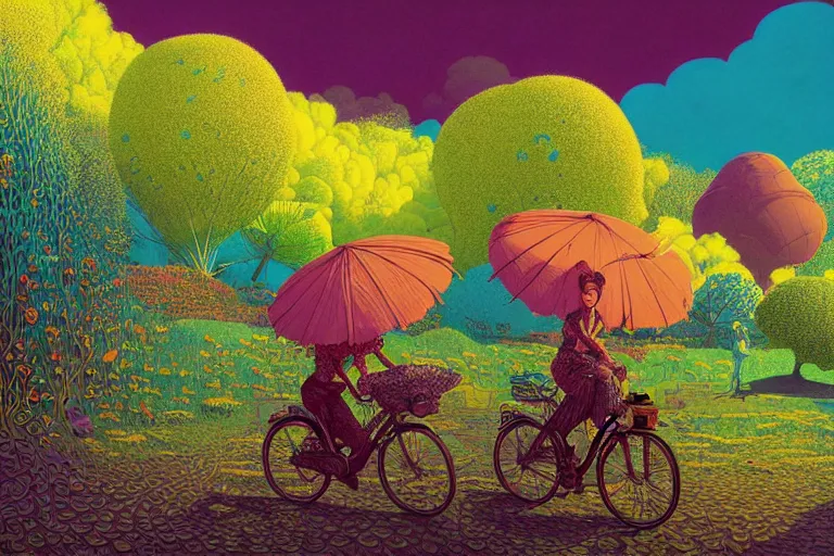 Image similar to surreal glimpse into other universe, riding beca malacca, summer morning, very coherent and colorful high contrast, art by!!!! gediminas pranckevicius!!!!, geof darrow, floralpunk screen printing woodblock, dark shadows, hard lighting, stipple brush technique,