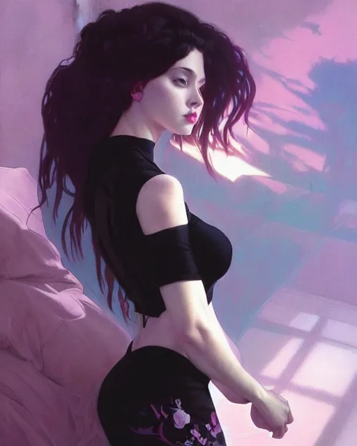 Image similar to goth girl, posing, vaporwave, modern bedroom!!!!!, highly detailed, digital painting, artstation, concept art, smooth, sharp focus, illustration, art by artgerm and greg rutkowski and alphonse mucha