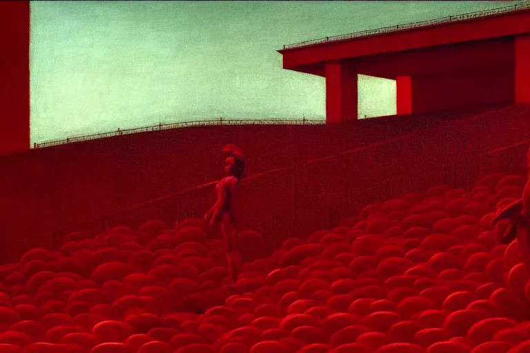 Image similar to only with red gigachad dictator, sportspalast amphitheatre, crowd hails him, in the style of beksinski, parts by edward hopper, parts by rodcenko, parts by yue minjun, intricate and epic composition, red by caravaggio, insanely quality, highly detailed, masterpiece, red light, artstation, 4 k