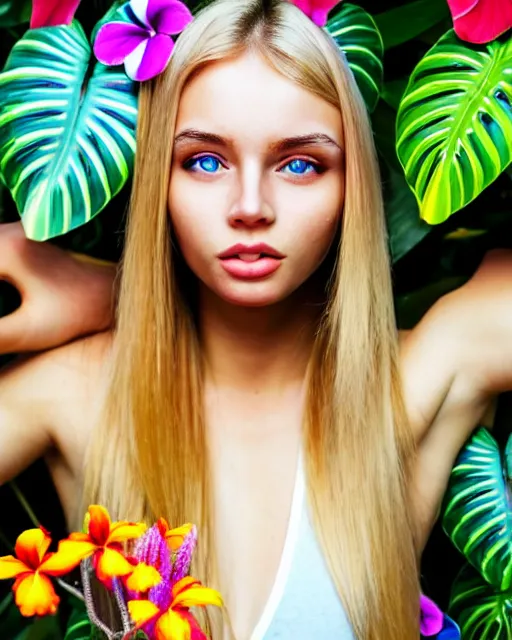 Image similar to an attractive girl is surrounded by colourful tropical flowers and plants, symmetric face and eyes, upper body face shot, long straight blonde hair, visible face