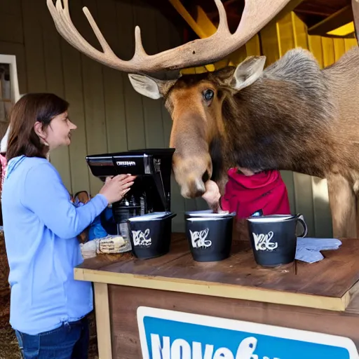 Image similar to a family of moose selling coffee at a stand in new hampshire, realistic, 8 k