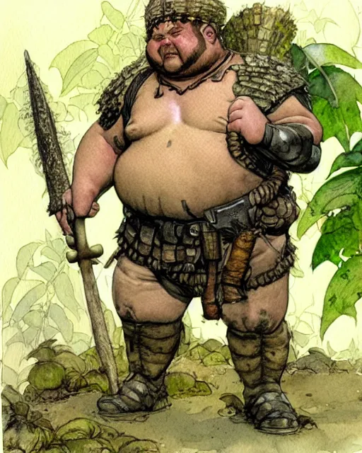 Image similar to a realistic and atmospheric watercolour fantasy character concept art portrait of a fat adorable chibi bulldog roman soldier with body armor in the jungle, by rebecca guay, michael kaluta, charles vess and jean moebius giraud