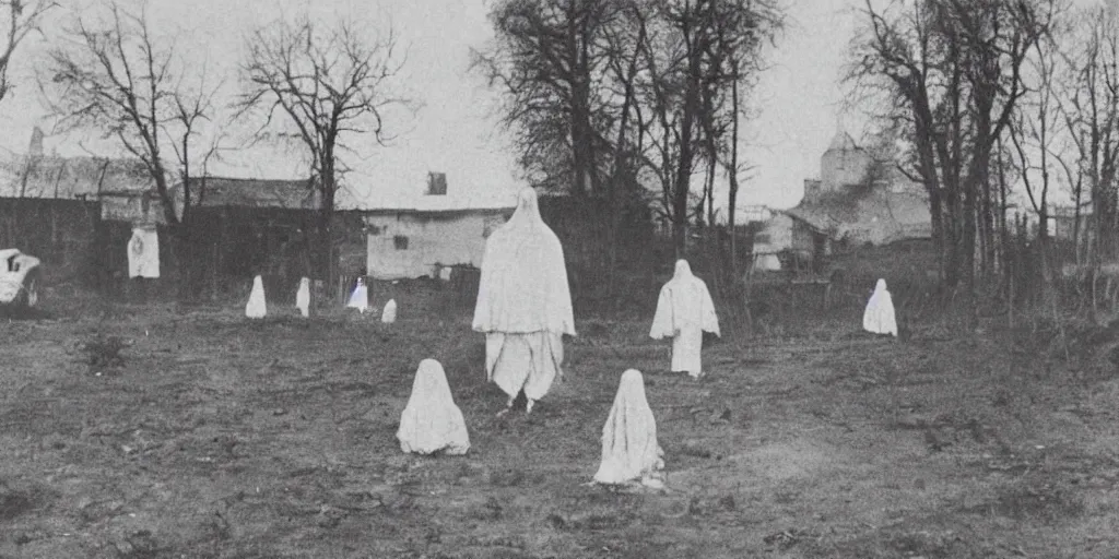 Image similar to scary unproportionable tall ghost creature in the middle of a village, 1900s picture