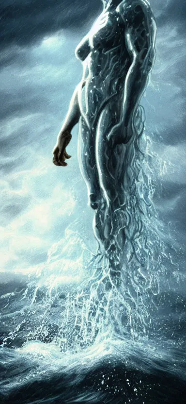 Prompt: colossus made of water, made of liquid, rising up from ocean, water armor, high detail, high contrast, close up portrait, studio lighting, stormy seas, beautiful, bokeh, snowy, storm clouds, god rays, d & d, fantasy, elegant, aquamarine color palette, concept art, roger deakins and greg rutkowski and alphonse mucha