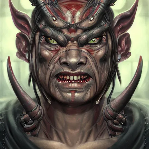 Image similar to portrait, cyberpunk japanese oni demon with horns and circuitry, augmented, stern expression, long hair, highly detailed, digital painting, artstation, concept art, smooth, sharp focus, illustration, artgerm, tomasz alen kopera, peter mohrbacher, donato giancola, joseph christian leyendecker, wlop, frank frazetta