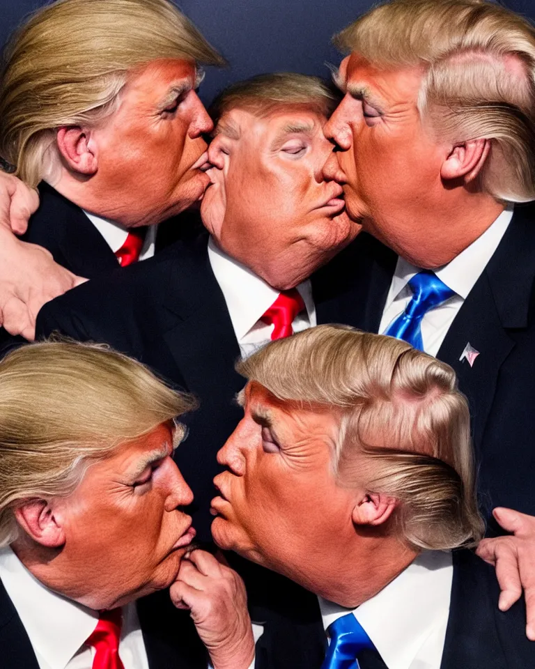 Prompt: high quality photo of donald trump kissing donald trump. donald trump kissing donald trump. donald trump kissing donald trump. award winning