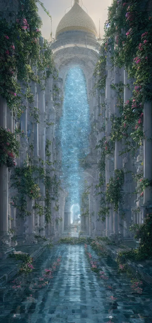 Image similar to vanishing point, palace like the kremlin in distance on a lake is covered with aqua blue roses, viewed from afar, stephen bliss, misty, unreal engine, fantasy art by greg rutkowski, loish, ferdinand knab, and lois van rossdraws,, global illumination, radiant light, minimalist, detailed and intricate environment