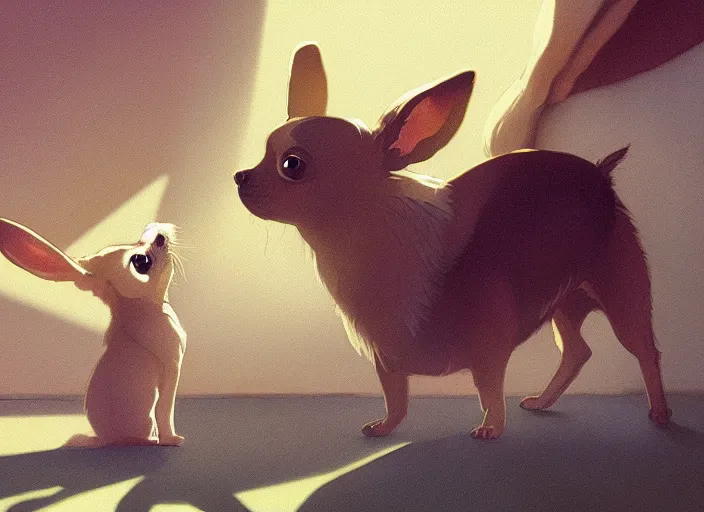 Prompt: a key shot of chihuahua looking at bunny animation at mid-day, medium shot, waist up, studio Ghibli, Pixar and Disney animation, sharp, key art by Greg Rutkowski, dramatic lighting, flat texture