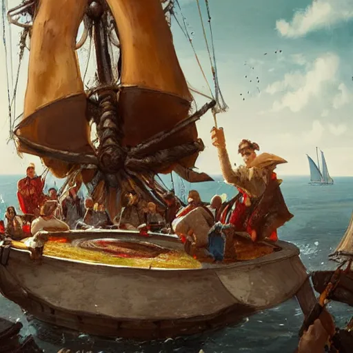 Image similar to a group of adventurers eating a giant pizza on a sailing ship, greg rutkowski