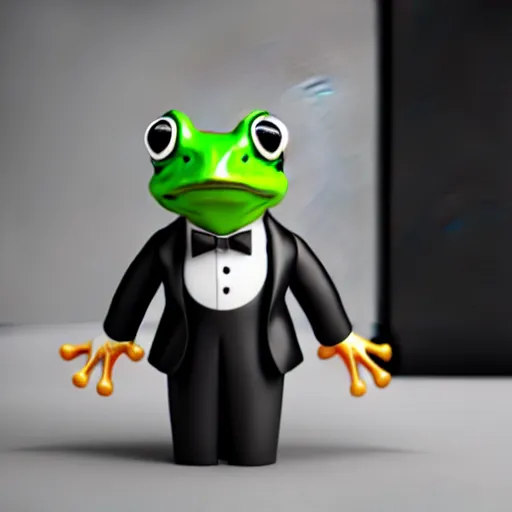 Image similar to a frog in a tuxedo suit holding a suitcase, hyperrealistic, octane render, 3D