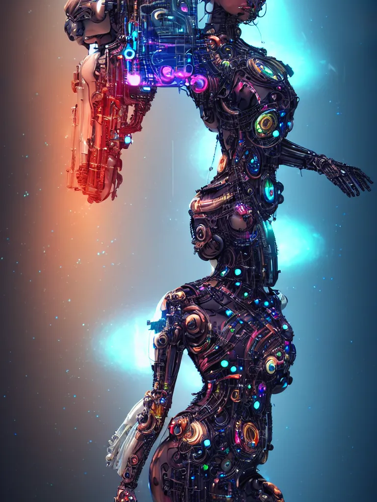 Prompt: full lenght shot woman in biomechanical dress, wearing epic bionic cyborg implants of different colors, masterpiece, intricate, biopunk futuristic wardrobe, highly detailed, artstation, concept art, background galaxy, cyberpunk, octane render