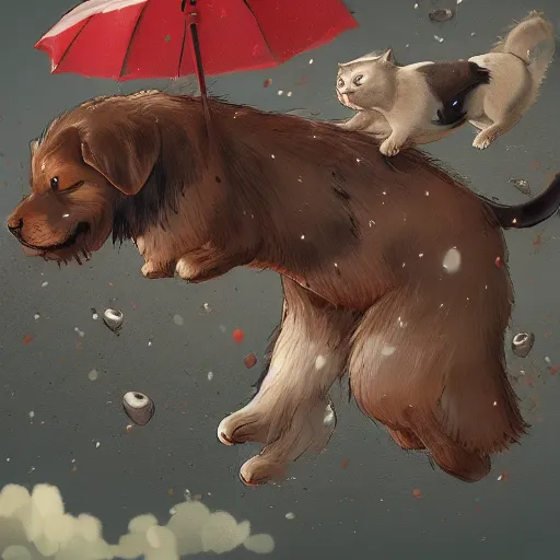 Image similar to giant cats and dogs are falling from the sky like rain, bystanders watching from the sides, 4 k, by miyazaki, monokubo, artstation,