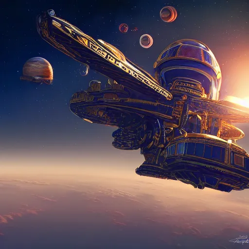 Prompt: dream bot mothership in outer space, golden hour, intricate details, sharp focus, digital art, hyper realistic, 4 k, unreal engine, highly detailed, hd, dramatic lighting by brom, trending on artstation