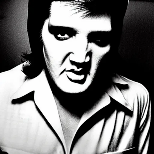 Image similar to elvis presley as a member of slipknot. Band photography, black and white