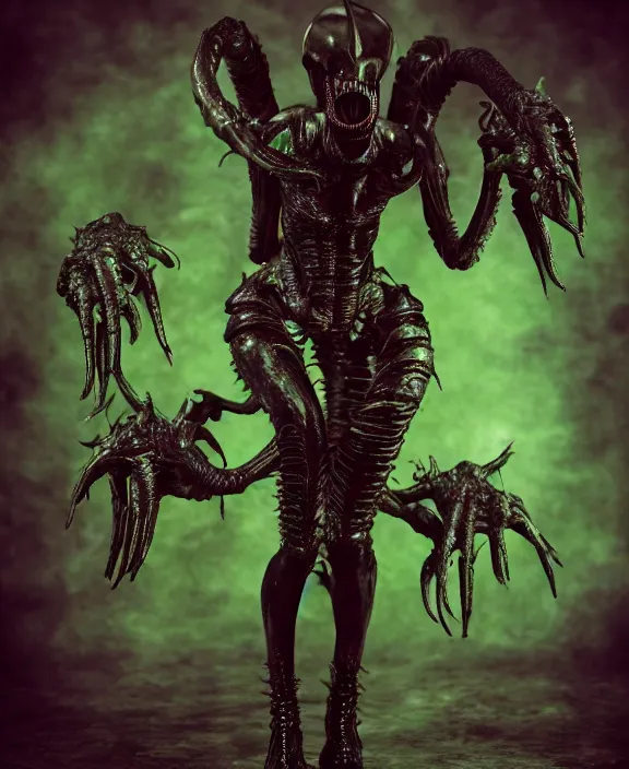 Image similar to xenomorph queen goth model hybrid, dragon eggs, dark emerald mist colors, giger background liminal void, cinematic lighting, realistic, award winning photograph, various refining methods, micro macro autofocus