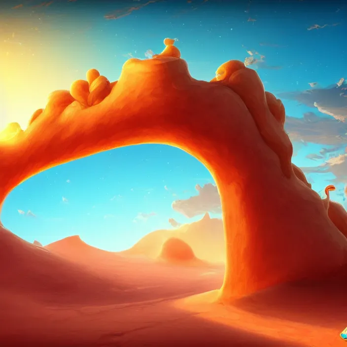 Image similar to desert made from icecream and candies, caramel colorful sun, luminescent sky, handsome, intricate, detailed, volumetric lighting, scenery, digital painting, highly detailed, artstation, sharp focus, illustration, 8 k, hyper realistic, magic world, cartoon