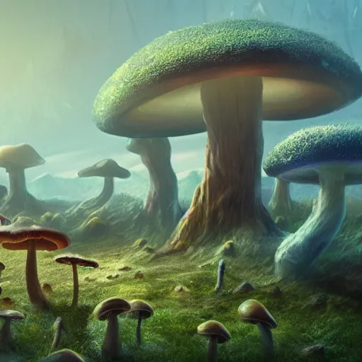 Image similar to scientists take their first steps on a strange alien planet full of mushrooms and other complex fungi, 8 k resolution matte painting trending on artstation