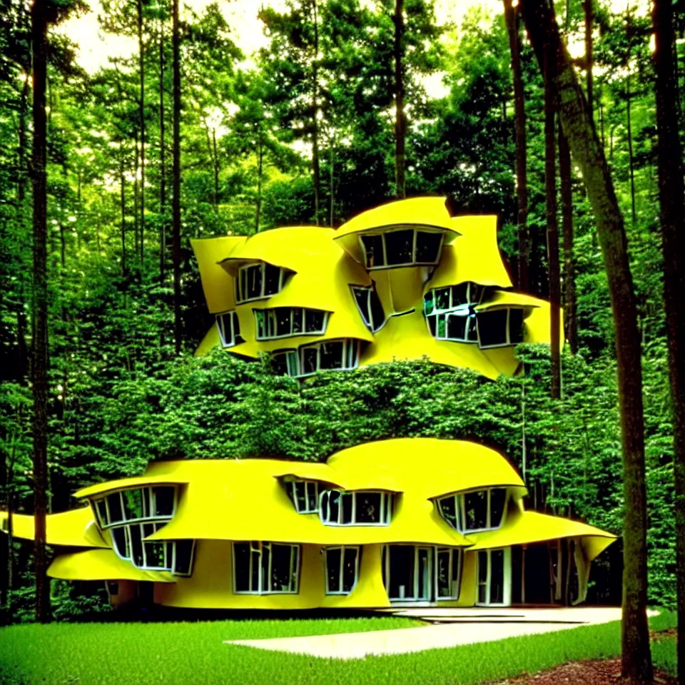 Image similar to a bungalow with big tiles in a forest, designed by Frank Gehry. Film grain, cinematic, yellow hue