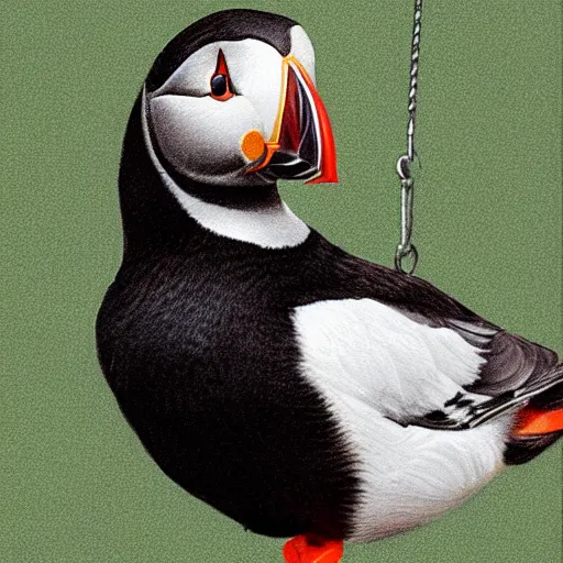 Prompt: realistic puffin sitting on a swing, hyper detailed, trending on artstation
