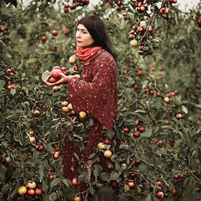 Image similar to a closeup portrait of a woman wearing diamond armor, picking pomegranates from a tree in an orchard, foggy, moody, photograph, by vincent desiderio, canon eos c 3 0 0, ƒ 1. 8, 3 5 mm, 8 k, medium - format print